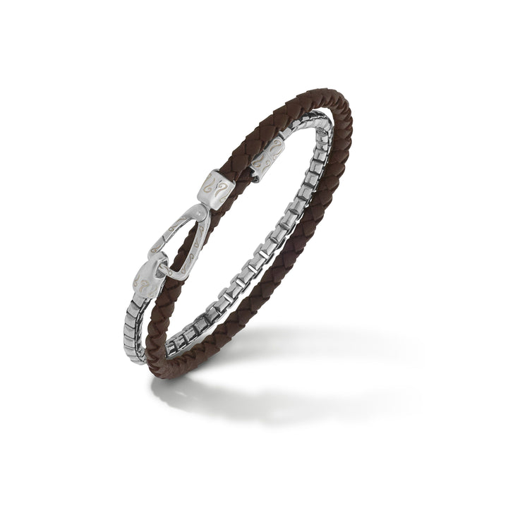 LASH Double Mix Brown Woven Leather and Polished Silver Chain Bracelet