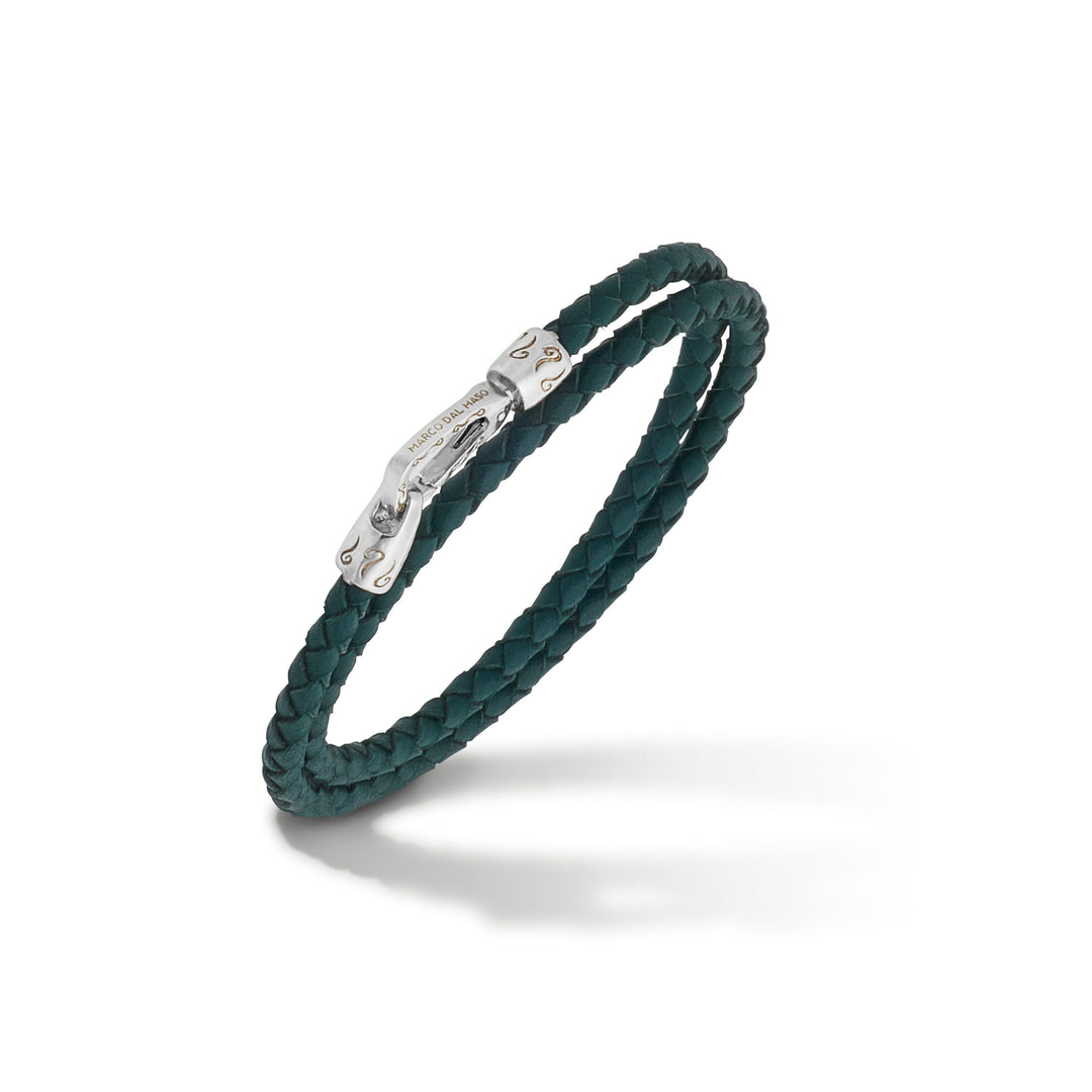 LASH Double Wrap Polished Silver and Green Woven Leather Bracelet