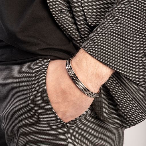 Acies Double Polished Silver Cuff with Black Enamel