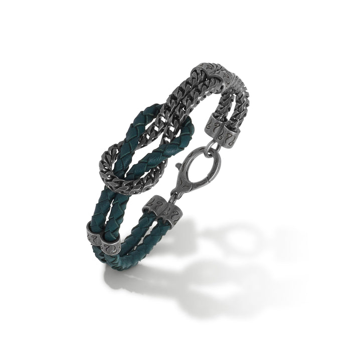 LASH Mix Reef Knot Chain Oxidized Bracelet and green leather