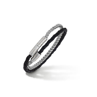 LASH Double Mix Black Woven Leather and Polished Silver Chain Bracelet