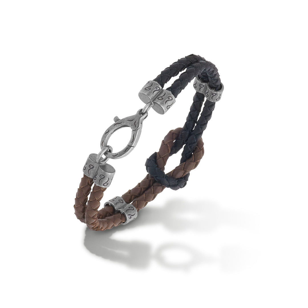 LASH Reef Knot Brown/Black Woven Leather and Oxidized Silver Bracelet